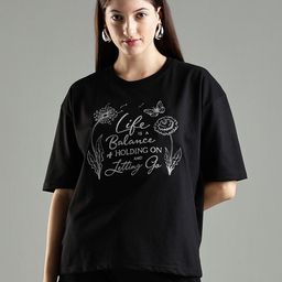 Aerio Typography Printed Round Neck Pure Cotton Embroidered Oversized T-shirt-image-72