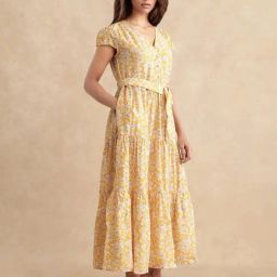 RAREISM Yellow Cotton Blend Printed Short Sleeves Dress-image-32
