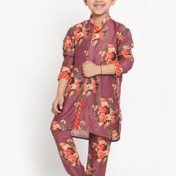 JBN Creation Boys Mauve Floral Printed Regular Pathani Kurta & Pyjamas image 2