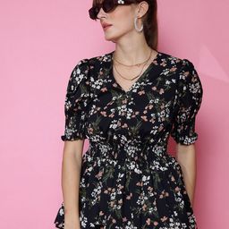 De La Moda Floral Print Puff Sleeve Crepe Top-image-83