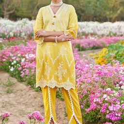 HEEPOSH Embroidered Pure Cotton V-Neck Tunic & Trousers Co-Ords Set-image-3