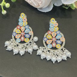 Dhivara Silver Plated Artificial Stones Studded & Beaded Floral Shaped Drop Earrings-image-82