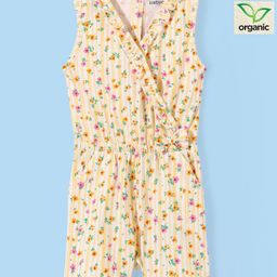Babyoye Eco-Conscious Cotton Woven Sleeveless Jumpsuit with Bow Applique Floral Print - Yellow-image-6