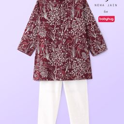Babyhug Woven Full Sleeves Embroidered Kurta Pyjama Set - Maroon-image-97