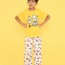Knitting Doodles Pure Cotton Knitted Half Sleeves T Shirt With Woven Cotton Construction Vehicle Print And Pyjama Set - Yellow-image-4
