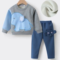 Kookie Kids Full Sleeves Winter Wear Suit withElephant Print & Applique - Grey & Navy Blue-picture-49