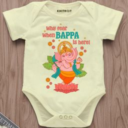 KNITROOT Ganesha Theme Half Sleeves Why Fear When Bappa Is Here Text Printed Onesie - Yellow-image-61