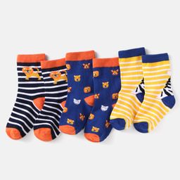 Cute Walk by Babyhug Knit Ankle Length Striped Socks With Animal Design Pack of 3 - Black Blue & Yellow-image-30