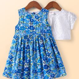 Babyhug Rayon Woven Floral Printed Frock With Half Sleeves Jacket With Lace Detailing - Blue-image-42
