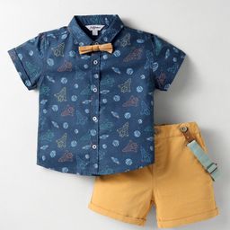 ToffyHouse Poplin Woven Half Sleeves Space Theme Printed Shirt & Shorts With Bow & Suspender - Navy Blue & Mustard-image-57