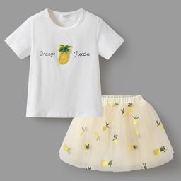 Mark & Mia Half Sleeves Top and Skirt Set with Fruit Embellishment & Embroidery - Yellow & White-image-94