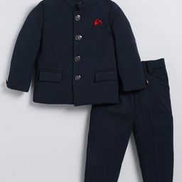 LITTLE COLLARS Rayon Full Sleeves Solid Jodhpuri Coat Pant Set - Navy Blue-image-11