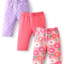 Babyhug Cotton Lycra Knit Three Fourth Length Leggings With Floral Print Pack of 3 - Dark Pink Lavender & Peach-image-39