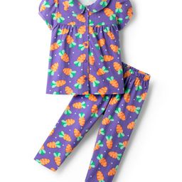 Babyhug Cotton Knit Half Sleeves Front Open Co-ords Night Suit with Carrot Print - Violet-image-61