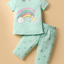 Tango Single Jersey Knit Half Sleeves Night Suit Set with Rainbow & Floral Print - Mint-image-31