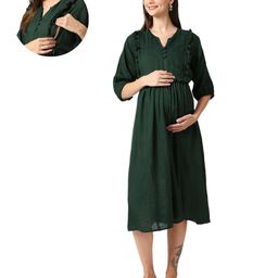 Mom for sure by Ketki Dalal Rayon Woven Three Fourth Sleeves Frill Detailed Dress With Side Seam Nursing Access - Green-image-56