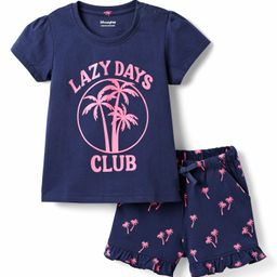 Honeyhap Premium 100% Cotton Knit Half Sleeves Co-ords Shorts Night Suit with Bio Finish & Coconut Tree Print - Navy Blue-image-94