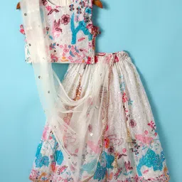 Babyhug Woven Sleeveless Georgett Embroidered Choli With Lehenga and Dupatta Set with Floral Print & Sequin - White-picture-28