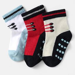 Cute Walk by Babyhug Knit Antibacterial Ankle Length Anti Skid Socks With Shoes Design Pack Of 3 - Red White & Cream-image-23