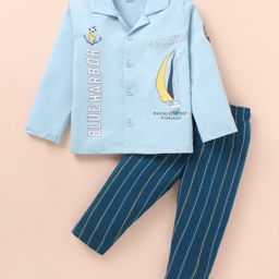 CUCUMBER Sinker Knit Full Sleeves Night Suit With Stripes & Nautical Theme Print - Light Blue & Teal Blue-image-23