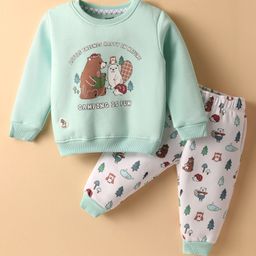 CUCUMBER Fleece Knit Full Length Winter Wear Night Suit With Animal Print - Light Blue-image-51