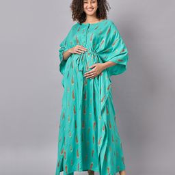 Mine4Nine Rayon Woven Half Batwing Sleeves Paisley Printed Maternity Kaftaan Dress With Nursing Access - Torquoise-picture-4