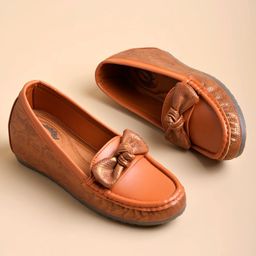 Shoetopia Bow Applique Detailed & Textured Slip On Loafers - Tan-picture-7