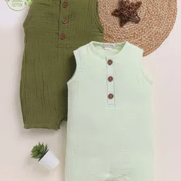 Cot & Candy Organic Cotton Muslin Knit Pack Of 2 Sleeveless Solid Rompers - Olive & Pistachio Cream-picture-30