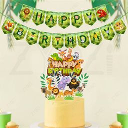 Zyozi Safari Birthday Kit Decorations - Cake-Cupcake Topper & Banner Green-Pack Of 16-picture-8