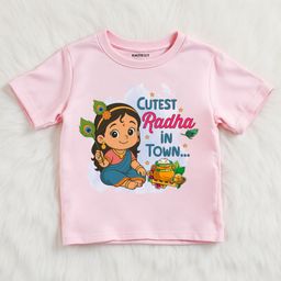 KNITROOT Cotton Lycra Knit Janmasthami Theme Half Sleeves Cutest Radha In Town Text Printed Tee - Pink-image-42
