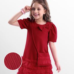 Hola Bonita Knit Half Sleeves Solid Dress With Bow Applique & Sling Bag - Maroon-picture-6