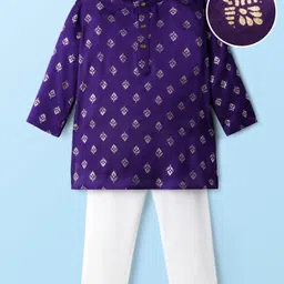 EARTHY TOUCH Woven Full Sleeves Kurta Pajama Set with Floral Glitter Print - Navy Blue-picture-16