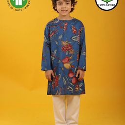 Anthrilo 100% Pure Cotton Full Sleeves Floral Printed Kurta & Pyjama Set - Blue-picture-13