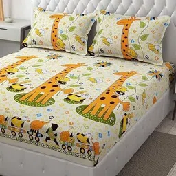 Aura Yellow & White Cartoon Characters 144 TC King Bedsheet with 2 Pillow Covers-image-71
