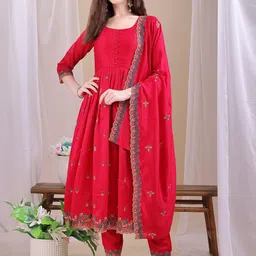 KALINI Ethnic Motifs Embroidered Thread Work Anarkali Kurta With Trousers & Dupatta-picture-13