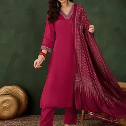 Sangria V-Neck Thread Work Straight Kurta With Trousers & Dupatta-picture-10