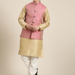 SOJANYA Men Gold Striped Thread Work Straight Kurta Churidar & Nehru Jacket-picture-37