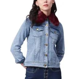 StyleStone Blue Denim Jacket With Detachable Fur Collar-image-48