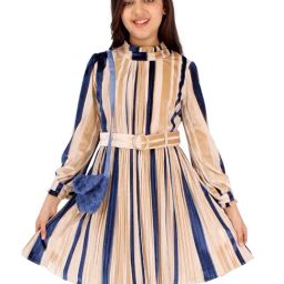 Cutecumber Kids Beige & Blue Striped Full Sleeves Dress with Sling Bag-image-28