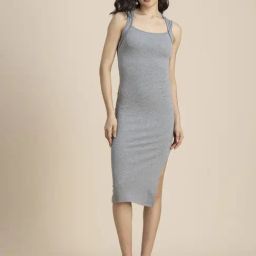 Moomaya Grey Textured Bodycon Dress-image-55