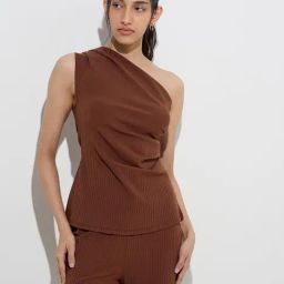 LOV by Westside Brown Ribbed One-Shoulder Cotton-Blend Top-picture-38