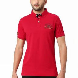 Basics Red Muscle Fit Printed Polo T-Shirt-image-2