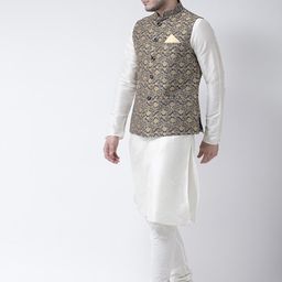 DEYANN Men White & Navy Blue Solid Kurta with Pyjamas & Nehru Jacket image 5