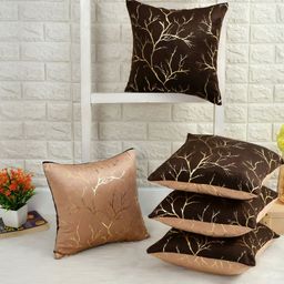 IVAZA Brown & Beige Set of 5 Floral Velvet Square Cushion Covers-14