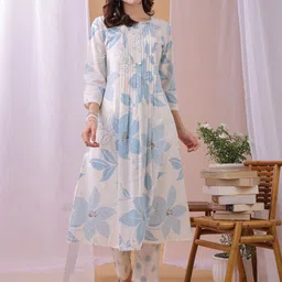 KALINI Women Floral Printed Regular Beads and Stones Pure Cotton Kurta with Trousers-image-38
