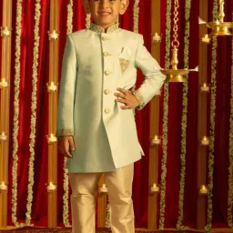 VASTRAMAY Boys Aqua & Cream Embroidery Full Sleeves Indowestern Sets-image-17