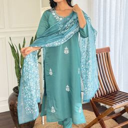 KALINI Women Ethnic Motifs Embroidered Regular Thread Work Kurta with Trousers & With Dupatta-6