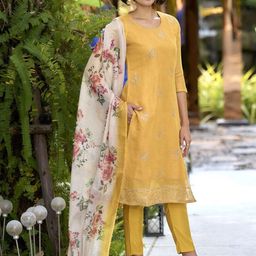 MISS CLOTHING Floral Embroidered Sequinned Round Neck Kurta With Trousers & Dupatta-picture-18