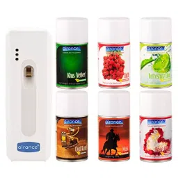 Airance Automatic Room Freshener Dispenser Machine with 250 ml Each Khus (Vetiver), Litchi, Refreshing Lime, Oud Wood, Musk & Rose Petals Fragrance Spray Bottle (Pack of 6)-picture-29
