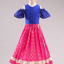 Twisha Girls Half Sleeves Cold Shoulder Top With Motif Print Lehenga - Blue Pink-image-2